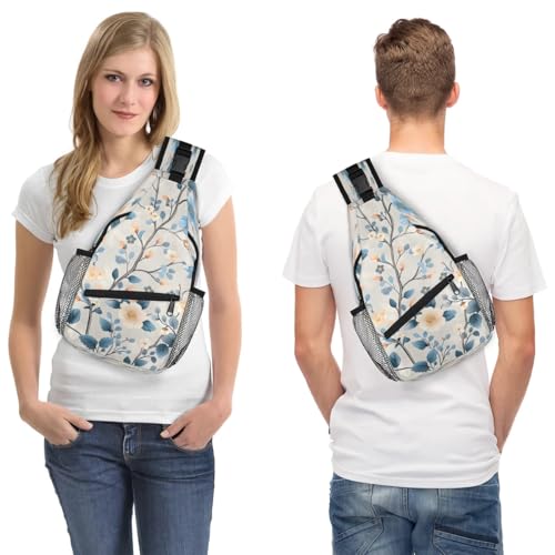 Bolso cruzado sling para mujer y hombre, flores, azul miniatura 7