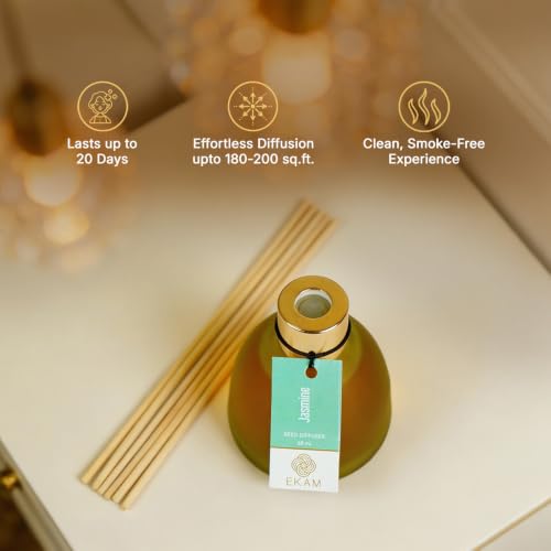 Image of Ekam Frosted Glass 60ml Jasmine Reed Diffuser Set | Free 6 Fiber Reed Sticks | Stress Relief & Aromatherapy | Long-Lasting Home Fragrance (Up to 60 Days) | Air Freshener for Room, Bedroom & Bathroom