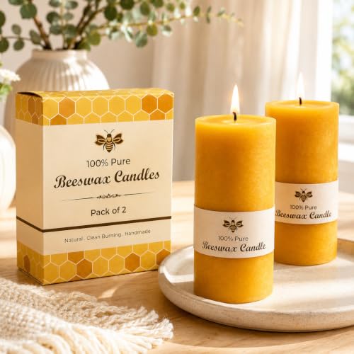 Pure Beeswax Candles Set of 2 Gift Ready 40 Hour Burning Natural Honey Wax Candles 100% Pure Beeswax -Smokeless Cotton Wick Pillar Candles