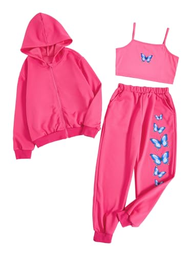 Floerns Girls Graphic Print Clothes Cami Top Sweatpants Set with Jacket Hoodie 3 Piece Outfit