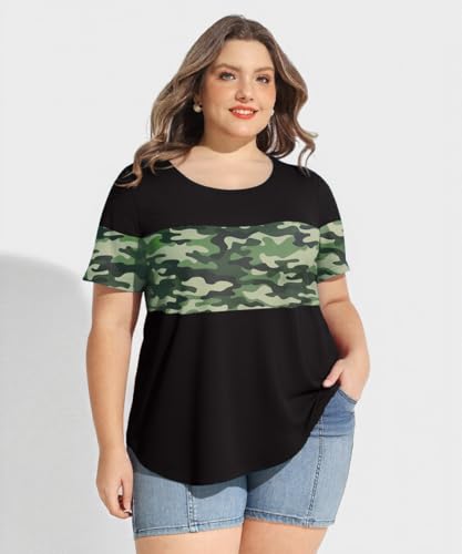 Image of CARCOS Plus Size Tops for Women Short Sleeve Summer Pullover Color Block Crewneck /V Neck Tee Tunic Loose Fit Tshirts XL-5XL