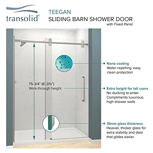Transolid Tbd608010C-S-Cb Teegan 56.5-59 In. W X 80 In. H Semi-Frameless Sliding Barn Shower Door With Fixed Panel In Champagne Bronze With Clear Glass And Sabrina Handles #TOP1