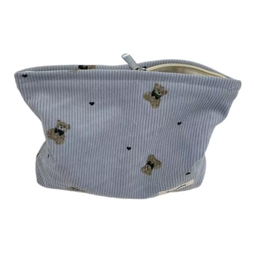 SxoSyo Corduroy Makeup Bags, Bear Cosmetic Pouch Large Purse, Blue