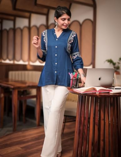 Image of Women's Viscose Rayon Embroidered A-Line Short Kurti Above Knee Regular Fit Tunic Top Office Wear Casual short kurti for women | office wear top | A-line kurti | raksha bandhan gift dress for women