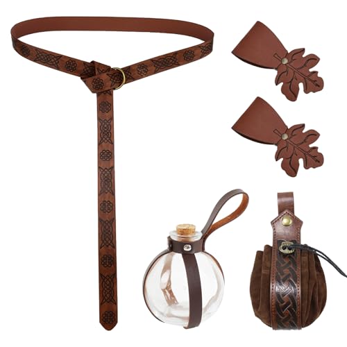 5 Pcs Medieval Belt Set for Women,Renaissance Costume Accessories with Adjustable Skirt Hikes, Vintage PU Leather Waist Belt, Potion Bottles for Halloween LARP Cosplay