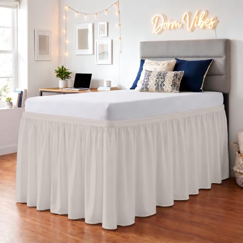 SGI bedding Dorm Bed Skirt Full XL 42 Inch Drop Length -Tan, Ruffled Pattern College Dorm Room Bed Skirts - Split Corner, Easy Care, Wrinkle Free 1800 Series Microfiber Bed Skirt