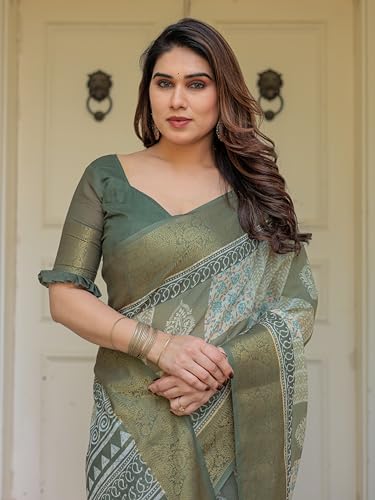Image of ALMAARI FASHION Floral Printed Cotton Saree for Women with Handloom Zari Weave, Traditional Lightweight Ethnic Saree for Wedding Festive Office Party with Blouse Piece (LINEN 81-90 SH)