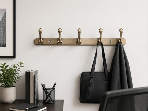 Image of ELUVIA Zinc Alloy 6 Hook Wall Hook Rail, Heavy Duty Wall Mounted Coat Hook for Clothes, Towels, Keys & Bags, Antique Brass Finish, Bathroom Kitchen Bedroom Organizer (Pack of 1)