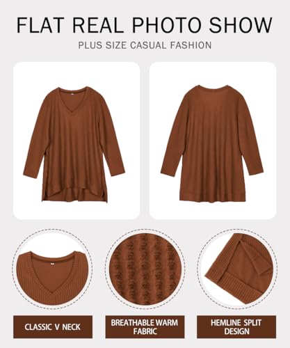 Image of RITERA Plus Size Women Sweaters Waffle Knit Pullover Top Long Sleeve Casual Crewneck Shirt Loose Split Hem Fall Winter Blouse