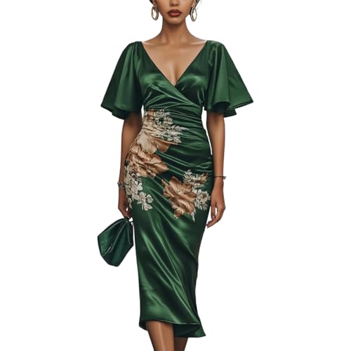 Women's 2025 Summer Satin Dress Flowy Short Sleeve Plunging V-Neck Gorgeous Bodycon Cinched Waist Party Midi Dresses