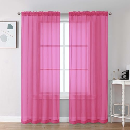 Image of Chyhomenyc Hot Pink Sheer Curtains 72 Inch Length 2 Panels, Light Filtering Soft Airy Rod Pocket Voile Window Curtain Drapes for French Door Bedroom Living Room, Each 42Wx72L
