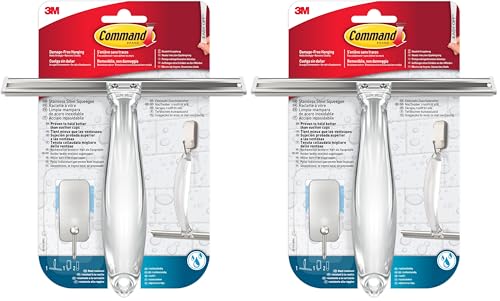 Command Raclette pour Salle de Bains, Nickel Satiné - 1 Raclette, 1 Petit Crochet en Acier Inoxydable et 2 Petites Languettes adhésives Résistantes à l'eau - Accrochage sans Dommage (Lot de 2)