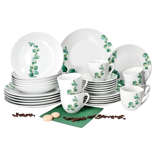MamboCat Eukalyptus 30tlg Kombiservice I weiße Porzellan-Geschirrset mit grünem Pflanzen-Dekor...