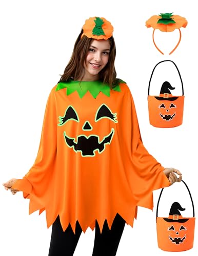 Spooktacular Creations Halloween Pumpkin Poncho Costume, 3Pcs Glow-in-the-dark Poncho Costume