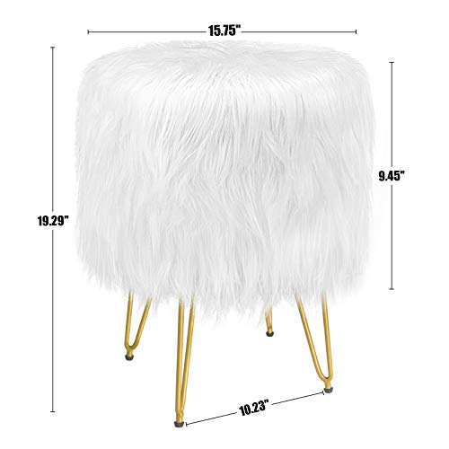Greenstell Vanity Stool Chair 4 Metal Legs With Anti-Slip Pad, Round Faux Fur Storage Ottoman, 15.75”W X 19.29’’H Soft Furry Compact Padded Seat, Modern Decorative Chairs For Makeup, Bedroom White #TOP2