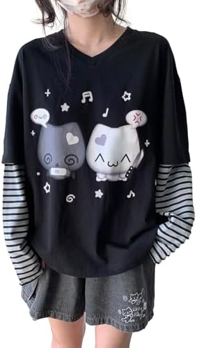 Y2k Cute Sweatshirts for Women Harajuku Kawaii Striped Sweatshirts Cartoon T-shirts
