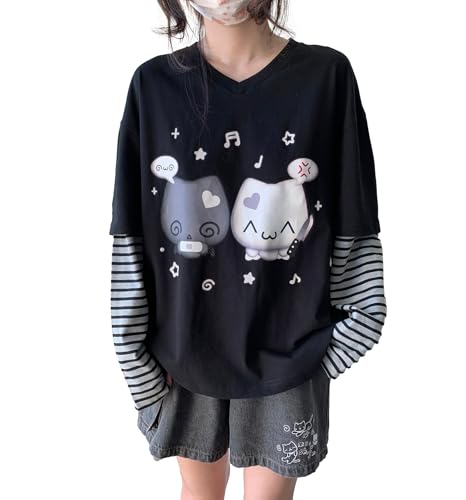 Y2k Cute Sweatshirts for Women Harajuku Kawaii Striped Sweatshirts Cartoon