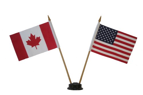 USA & CANADA Small 4 X 6 Inch Mini Double Country Stick Flag Banner with BLACK STAND on a 10 Inch Plastic Pole New
