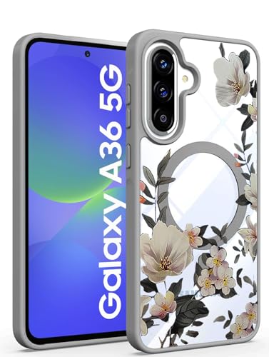 Image of VONZEE Compatible with Samsung Galaxy A36 5G Case Luxury Retro Flowers Floral Clear for Magnetic Wireless Charging Case Shockproof Case PC+TPU Cute Glossy Shiny Cover for Girls Women, Grey