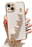 AMAZFCCY Strap Case for iPhone 15 6.1'', Cute Luxury Plating Soft Flexible TPU with Love Heart Chain Bracelet Wrist Holder Camera Protection Girly Women for Apple iPhone 15 2023 (White)