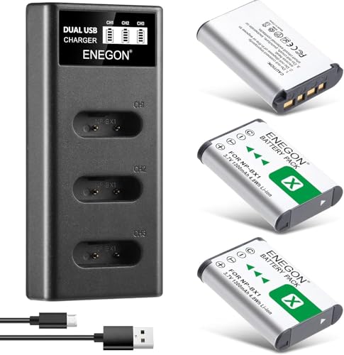 ENEGON NP BX1 Juego de 3 Baterías de 1300 mAh y Cargador LCD para Sony NP BX1 y Sony ZV 1, Cyber Shot DSC RX100, DSC RX100 II/III/M4/M5/M6/M7////VA, DSC RX100M II, HDR CX44