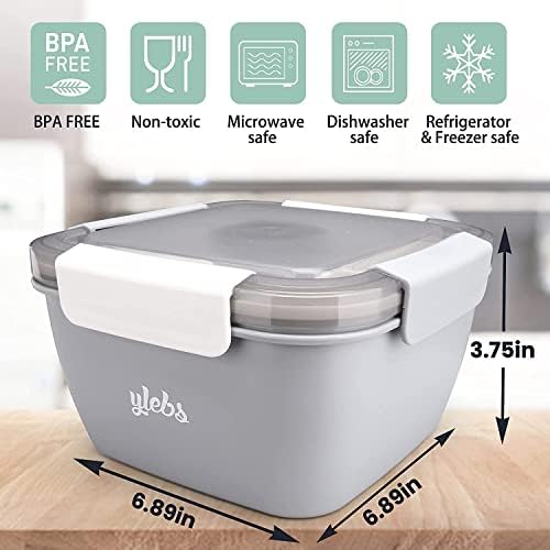 Ylebs 2 Pack Bento Box Adult Lunch 1500ML Salad Bowls,3 Compartment Tray with Salad Dressings Container,Used to Meal pre-Prepare Food Fruit Snack,Leak Proof -Grey