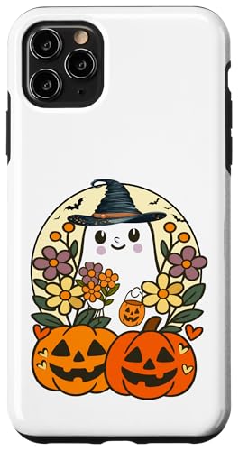 ヴィンテージのカボチャのハロウィーンを備えた面白い花の幽霊 スマホケース iPhone 11 Pro Max 用