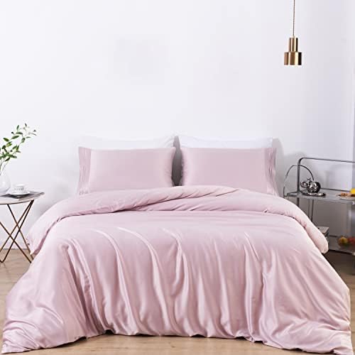 MISERRO Pink Duvet Cover Queen Size - Silky Soft for Hair and Skin Duvet Cover Set 3 Pieces with Zipper Closure, 1 Duvet Cover and 2 Pillow Shams