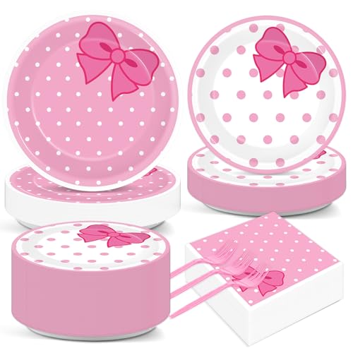 200 PCS Pink Bow Party Supplies Cute Birthday Paper Plates and Napkins Tableware Set Disposable Dinner Dessert Plates Decorations for Birthday Baby Shower Cute Pink Bow Party Favors for 50 Guests