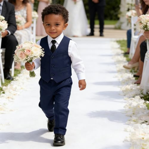 Image of Baby Boy Formal Suit for Toddler Infant Tuxedo Dress Suits | Little Gentleman, Wedding Ring Bearer Outfit, Vest Pants Long-Sleeve Shirt Tie, Birthday Party Christmas Prom, Classic