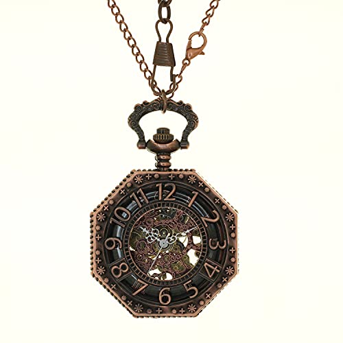 Fobtime Vintage Copper Bronze Octagonal Hollow Skeleton Manual Mechanical Pocket Watch Hand Winding Arabic Roman Numbers Chain Clocks #TOP1