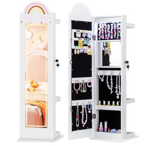 Costzon Kids Jewelry Armoire Cabinet with LED Lights, Lockable Standing Jewelry Organizer with Full-Length Mirror, Rack & Storage Shelves, Children Dress Up Jewelry Cabinet for Little Girls (White)