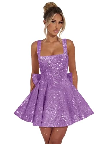 Sparkly Sequin Homecoming Dresses with Bow Short A Line Square Neck Cocktail Party Gown