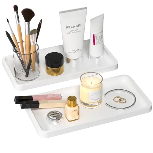 Image of Weenson Bathroom Vanity Trays for Countertop Toiletries Decor Candle Perfume Makeup, Kitchen Tray for Soap Dispenser Spice Salt Oil, White Tray for Toilet Tank Coffee Nightstand Set of 2