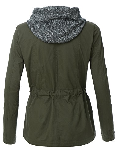 LE3NO Womens Hooded Military Safari Anorak Jacket with Fleece Hoodie, OLIVE, Small