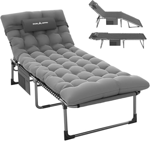UDPATIO Padded Sun Lounger with Cushion,Foldable Camp Bed With Adjustable Backrest Headrest,Oversize Garden Lounge Chair With Side Pockets Grey