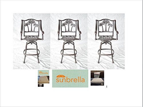 Palm Tree Outdoor Patio Set 3Pc Swivel Barstools 30" H Dark Bronze Cast Aluminum (30", Sunbrella Sesame Cushions) #TOP15