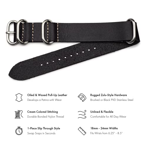Benchmark Leather Watch Band - Crazy Horse Oiled Leather One-Piece Military Watch Strap - Brushed Stainless-Steel Zulu Style Hardware - 18mm, 20mm, 22mm or 24mm Widths