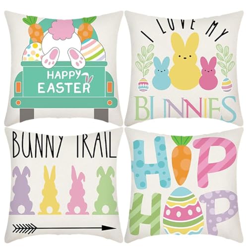 Amlhy - Amlhy Housse de coussin Happy Easter - 45 x 45 cm - Motif lapin - Housse de coussin décorative pour canapé, jardin, extérieur - E - 1 ensemble