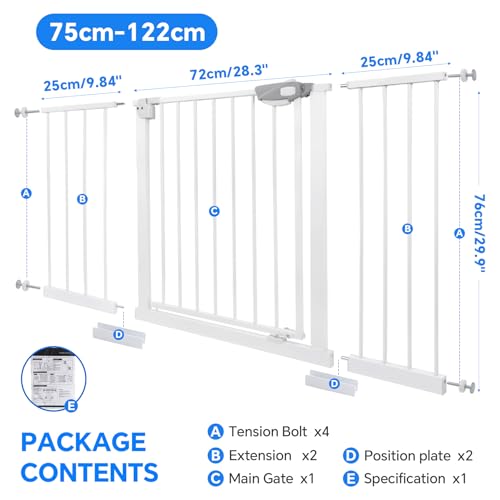 Baby Gate for Stairs, 75-122 cm No Drill Auto Close, White - Image 3