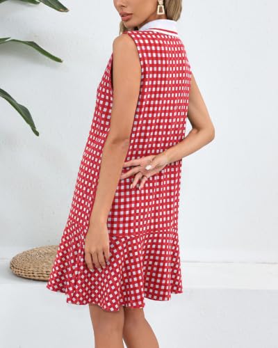 Image of YEXPINE Women's Sleeveless Polo Dress Ruffle Hem Lapel V Neck T-Shirt Summer Mini Dresses