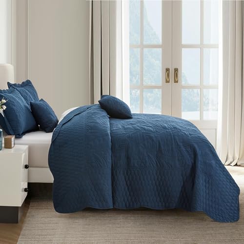 Image of Bedspread oversized King 120x118,Beautiful Leaf Stitching,5 PC, Navy