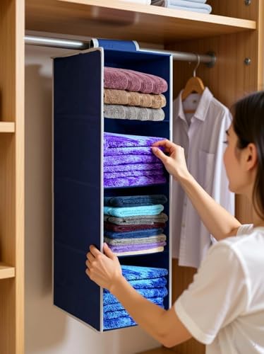 Image of Hanging Closet Organizer for Clothes Storage | Foldable Wardrobe Hanging Storage Rack | Non-Woven Multipurpose Cupboard Organizer for Clothes, Towels & Accessories (Blue, Pack of 1, 4)