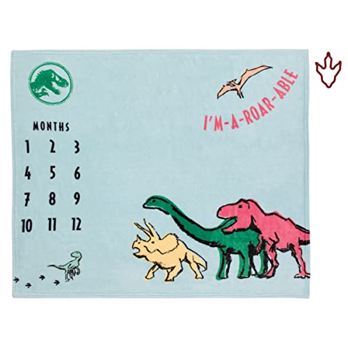 Image of Welcome to The Universe Baby Jurassic World Blue, Green, Orange and Yellow I'm-a-Roar-able Dinosaur Super Soft Milestone Baby Blanket