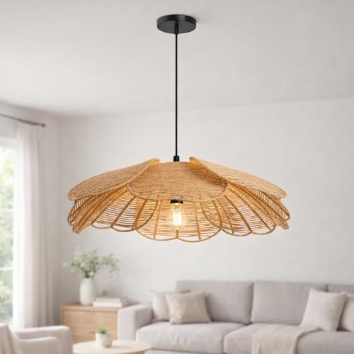 Image of Artica Farmhouse Rattan Chandelier - 1-Light Hand-Woven Wicker Pendant Light Fixture, Boho Hanging Ceiling Lamp for Dining Room, Kitchen Island, Bedroom & Living Room (Type 2)