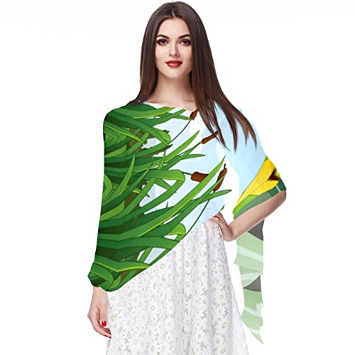 Foulard bleu en mousseline de soie imprimé grenouille et poisson pour femme
