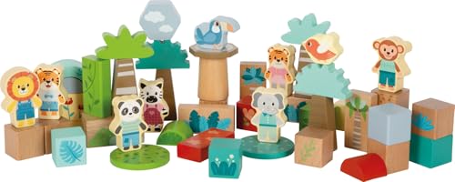 small Foot Holzbausteine „Jungle Friends“ aus FSC® 100%-zertifiziertem Holz, Holzbausteine-Set mit Tiermotiven, 50 Teile, Naturholz und Bunt, für Kinder ab 1 Jahr, 12768