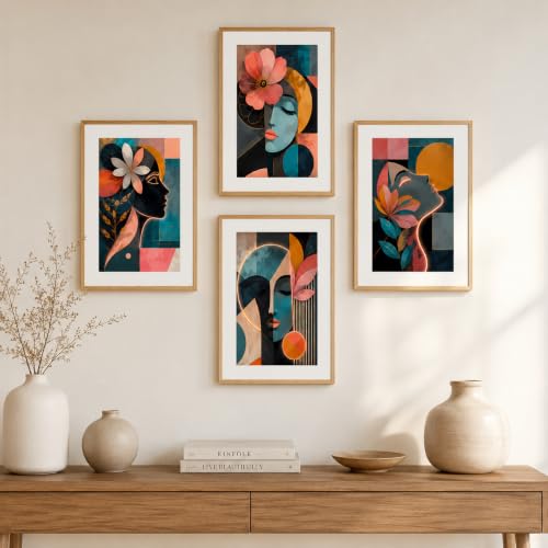 Image of Livin'luxe Set of 4 Abstract Face Floral Wall Paintings with Sparkle Laminate and Premium Wooden Synthetic Frame for Living Room Bedroom Office Decor (13.5 x 19.5 Inch)