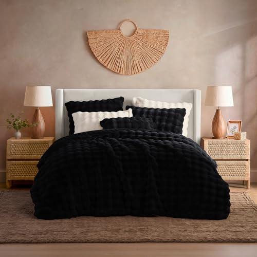 YnM Ultra-Soft Weighted Blanket, Fluffy Bubble Cuddle Heavy Bed Blanket, Plush Faux Fur Big Comforter, Soft & Warm Home Decor Piece (Black, 90''x90'' 20lbs, Full/Queen)