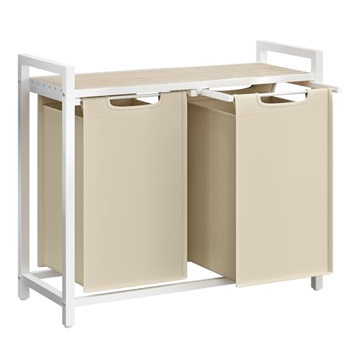 VASAGLE Panier à Linge 2 Compartiments, Corbeille à Linge Sale, 2 Sacs Amovibles en Tissu Oxford, Étagère, Cadre en Métal, 2 x 46 L, 73 x 33 x 72 cm, Beige Cappuccino et Beige Naturel BLH201LH01